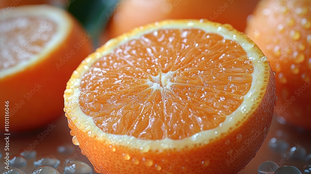 Poster juicy orange half with water droplets on white background showcasing freshness and vibrant color in 