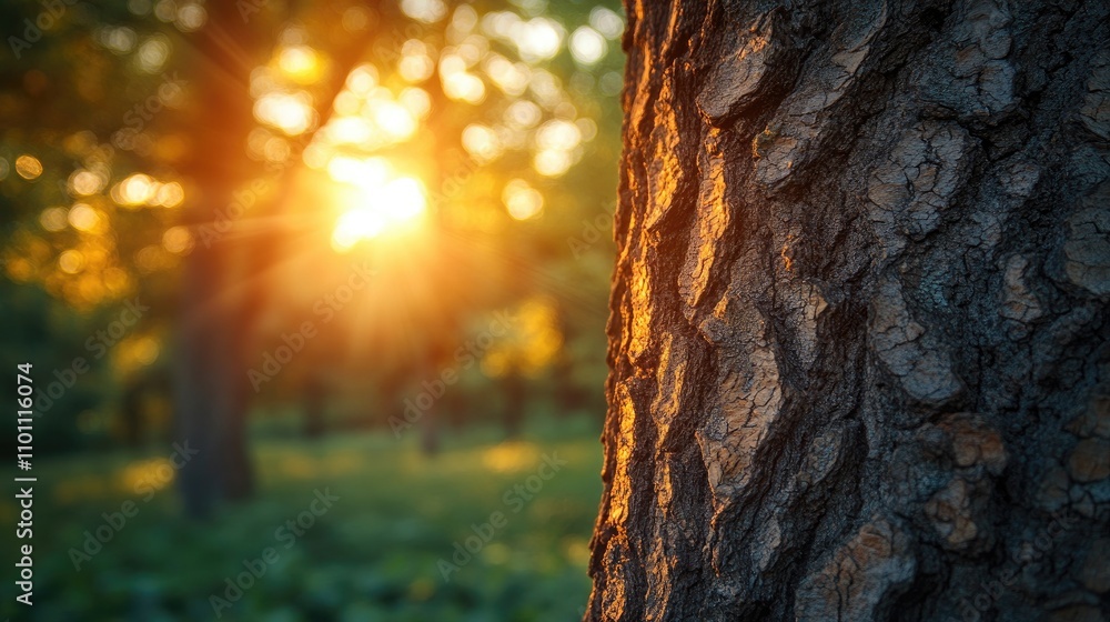 Aufkleber close up of textured tree bark with sunlight filtering through leaves in a serene forest setting dur