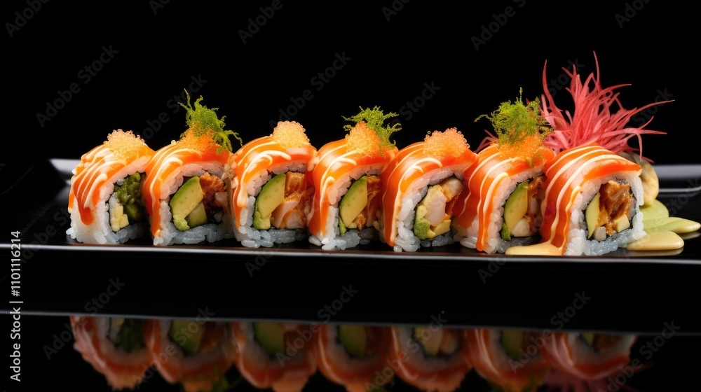 Poster sushi maki roll with salmon and vegetables displayed on a black plate with artistic garnish and refl