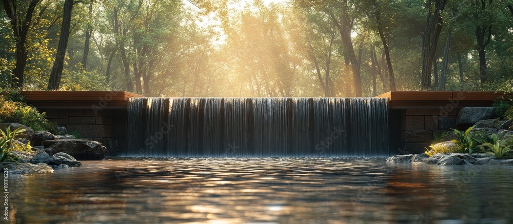 Poster serene waterfall cascading over stones in lush forest setting near a suspension bridge illuminated b