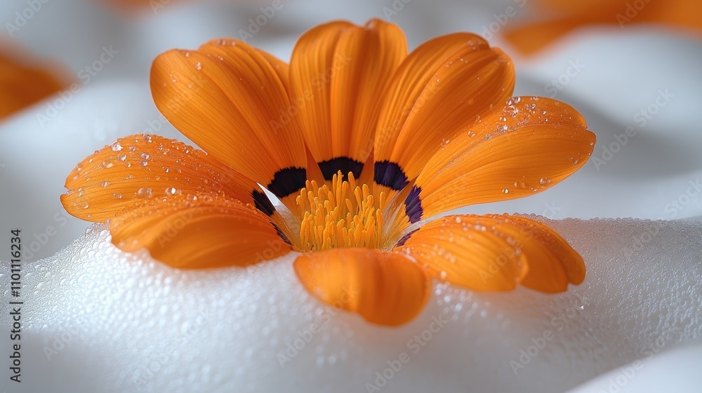Poster close up of a vibrant orange gazania flower partially submerged in a soft white foam creating a visu