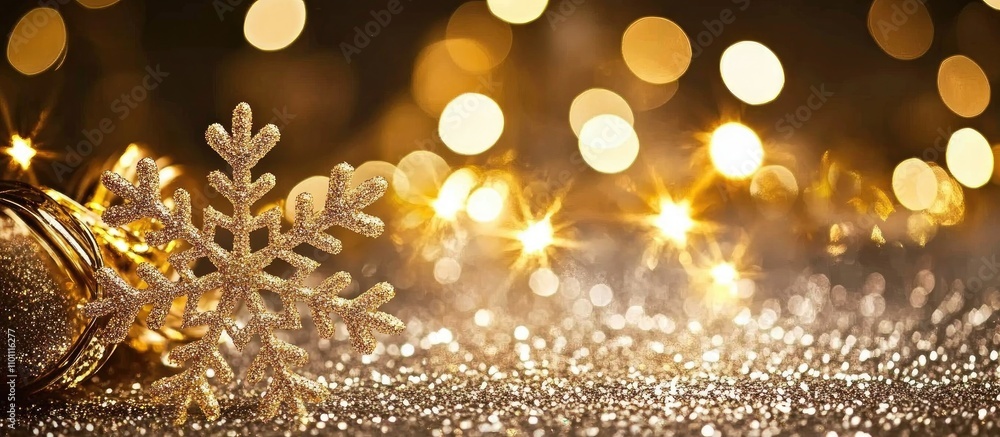 Poster Glittering snowflake border with a starry background and bokeh lights creating a festive and magical winter atmosphere.