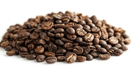 Fototapeta premium Large pile of roasted coffee beans on a clean white background showcasing their rich color and texture ideal for coffee related projects.