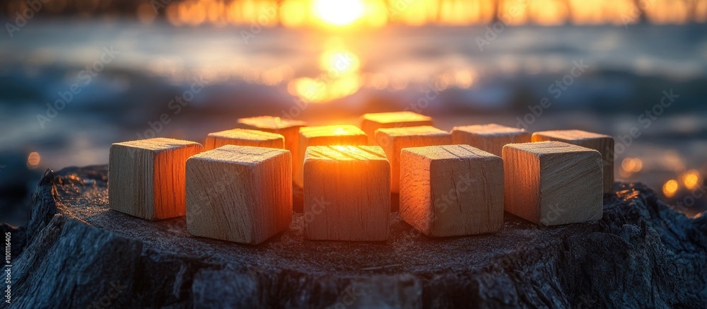 Poster Sunlight illuminating wooden cubes on a tree stump with a beach sunset in the background creating a serene and tranquil atmosphere.