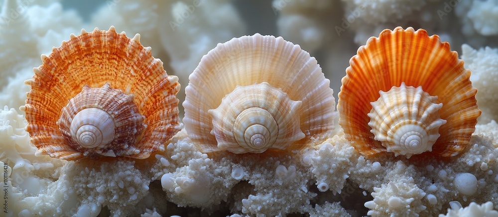 Poster Three distinct seashells showcasing vibrant colors and intricate textures arranged on a sandy background.