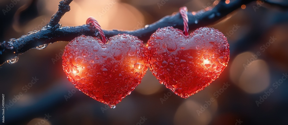 Poster Two intertwined red hearts with droplets illuminated by warm LED lights on a branch, symbolizing love and connection in a romantic setting.