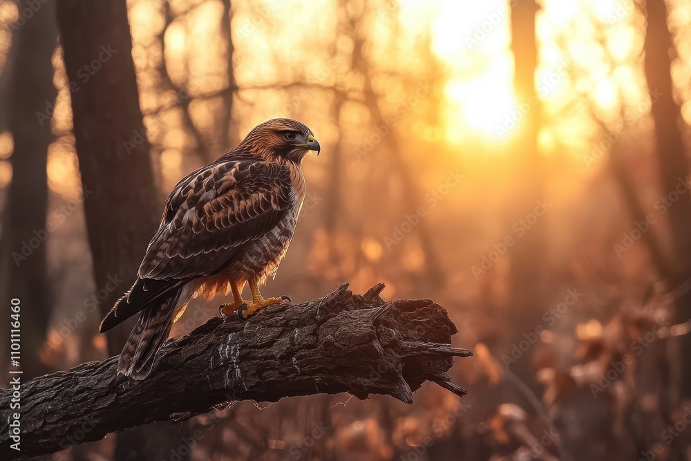 Aufkleber a hawk perched on a branch, illuminated by the warm glow of a sunset, surrounded by trees in a seren