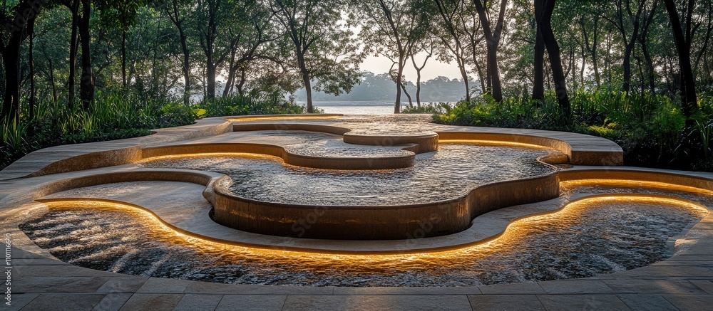 Poster tranquil public park with contemporary water feature surrounded by nature and urban structures in th