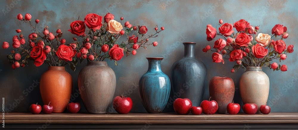 Poster elegant still life with vibrant roses in vases and red apples on a shelf against a textured blue bac