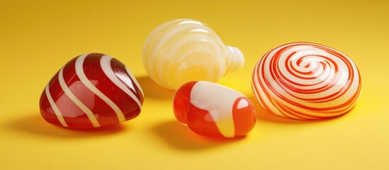 colorful spiral and shaped candies on yellow background showcasing variety and sweetness for candy advertising and promotional materials