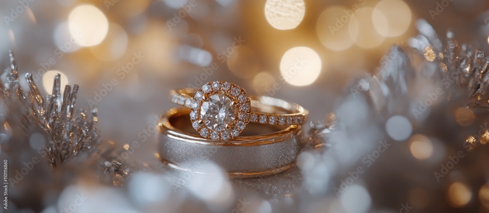 Poster gold wedding rings for newlyweds elegantly displayed on a shimmering silver backdrop with a beautifu