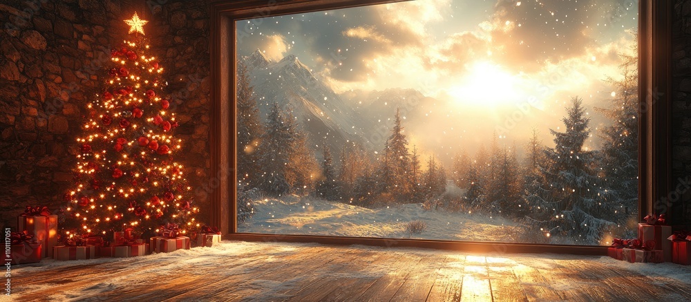 Aufkleber cozy winter scene with christmas tree and snowy landscape through a large window capturing holiday s