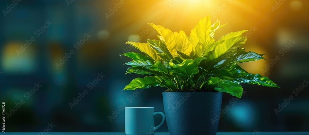 Poster Office workspace with houseplant and coffee cup emphasizing productivity and a connection to nature in a modern environment.