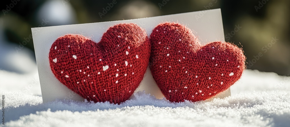 Poster two red plush toy hearts on a snowy background with a greeting card for personalized messages celebr
