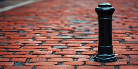 Black bollard resting on a bed of red bricks, showcasing a striking contrast. This black bollard emphasizes the vibrant texture and color of the red bricks beneath it.