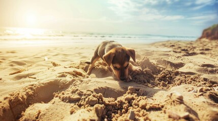 Playful Puppy Digging in Sand at Beach During Sunset