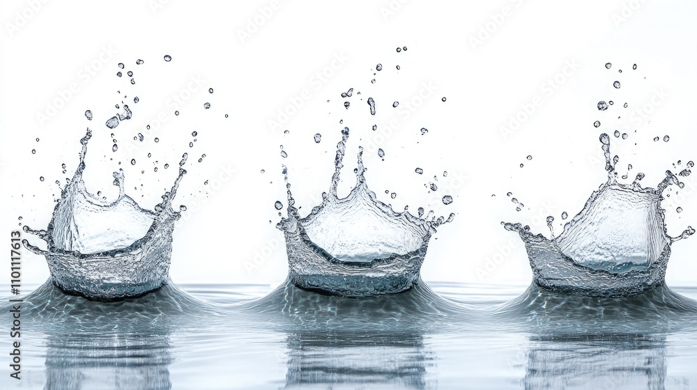 Poster water splashes on a white background creating dynamic shapes and textures for creative design and ad