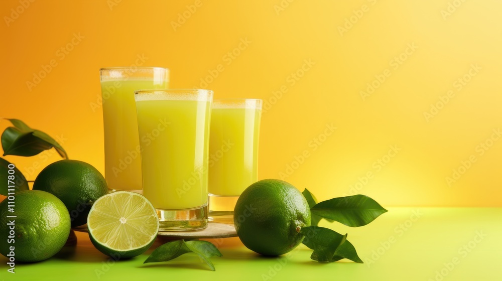 Poster refreshing sweet lime juice displayed in glasses on a vibrant yellow backdrop with fresh limes and l