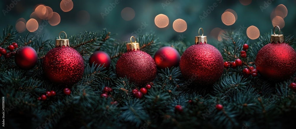 Poster decorative red christmas baubles on pine branches with soft glowing lights in the background creatin