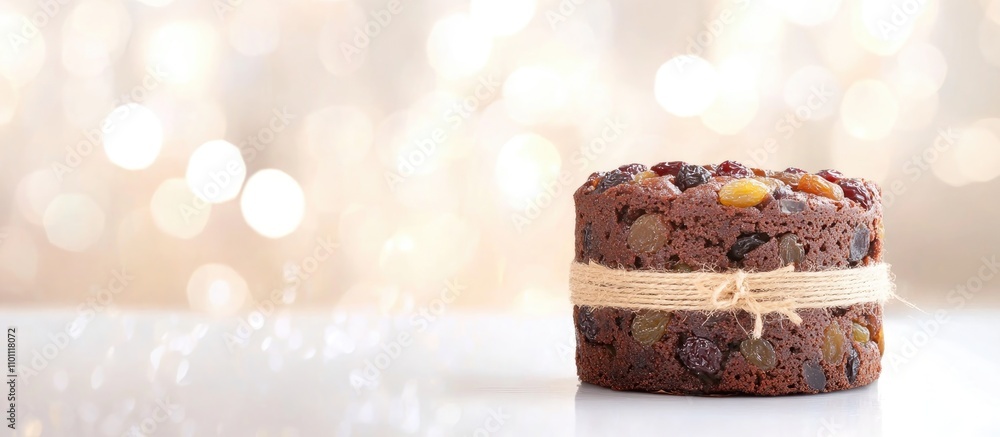Poster festive traditional christmas fruit cake adorned with jute twine against a soft bokeh light backgrou