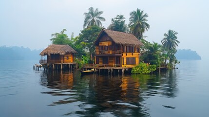 Fototapeta premium Traditional houses are found on a small artificial island, showcasing unique architectural styles in an idyllic lagoon.