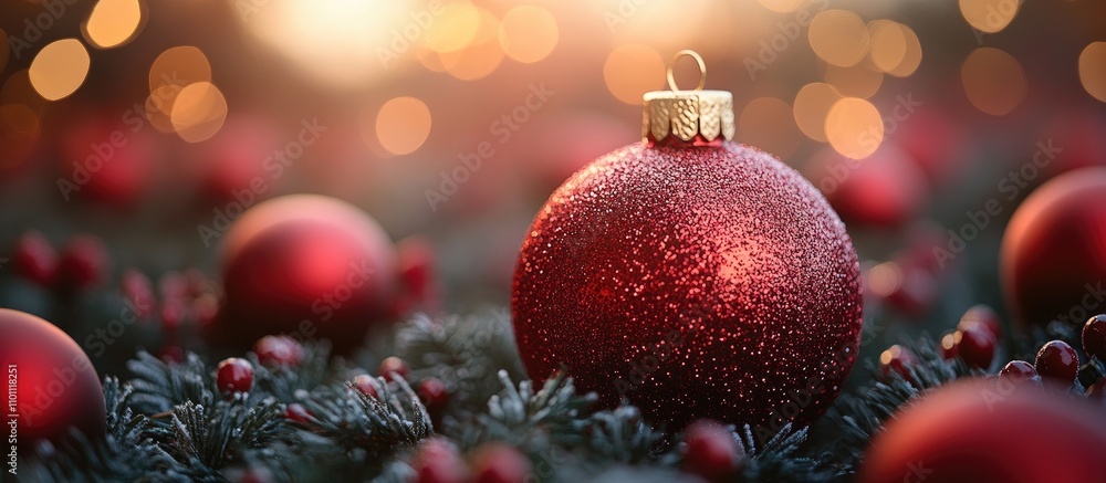 Poster festive red ornament resting on evergreen branches with warm bokeh lights creating a magical christm