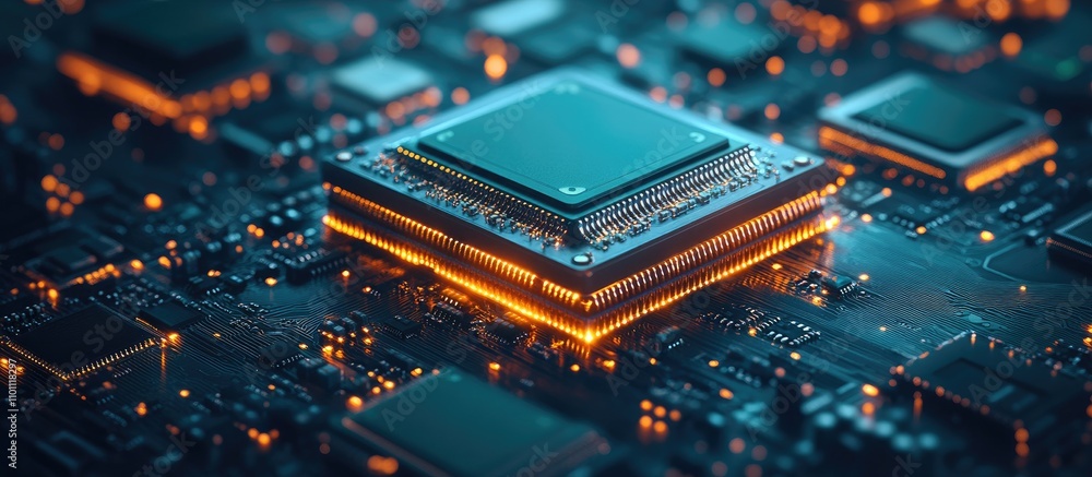 Poster Close-up view of a stack of electronic devices showcasing technology and circuit board components illuminated with vibrant lights
