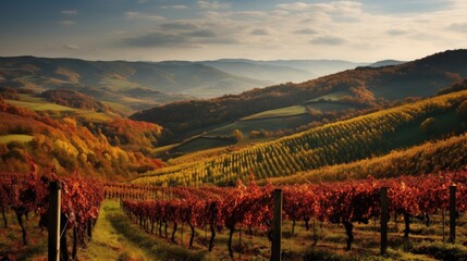 Naklejka premium Vibrant autumn landscape of rolling vineyards with colorful foliage and distant hills under a tranquil sky