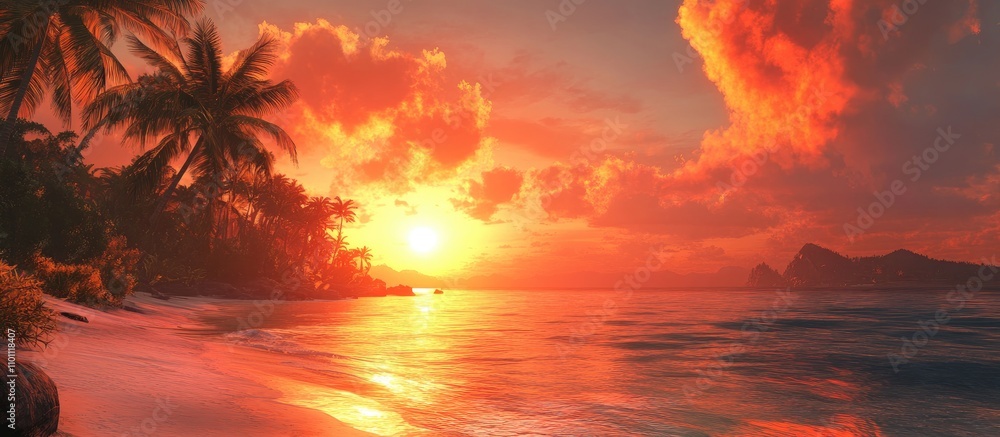 Poster stunning sunset over tranquil beach with vibrant colors and palm trees creating an authentic tropica