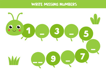 Count and write missing numbers.  Counting game with cute green caterpillar.