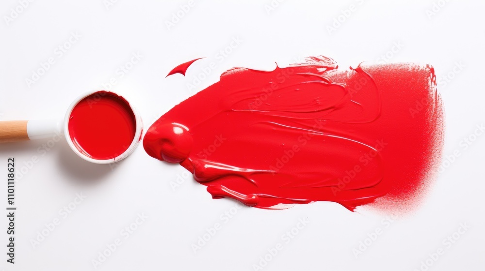 Poster vibrant red paint stroke on white background with paintbrush and paint bottle creating an artistic c