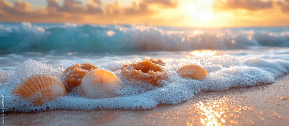 Poster Coastal sunset with gentle waves lapping on a sandy beach adorned with seashells, creating a serene summer atmosphere.