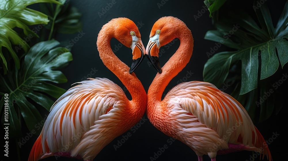 Aufkleber Dynamic interaction of vibrant flamingos with crossed necks and touching beaks against a dark backdrop highlighting their colorful plumage