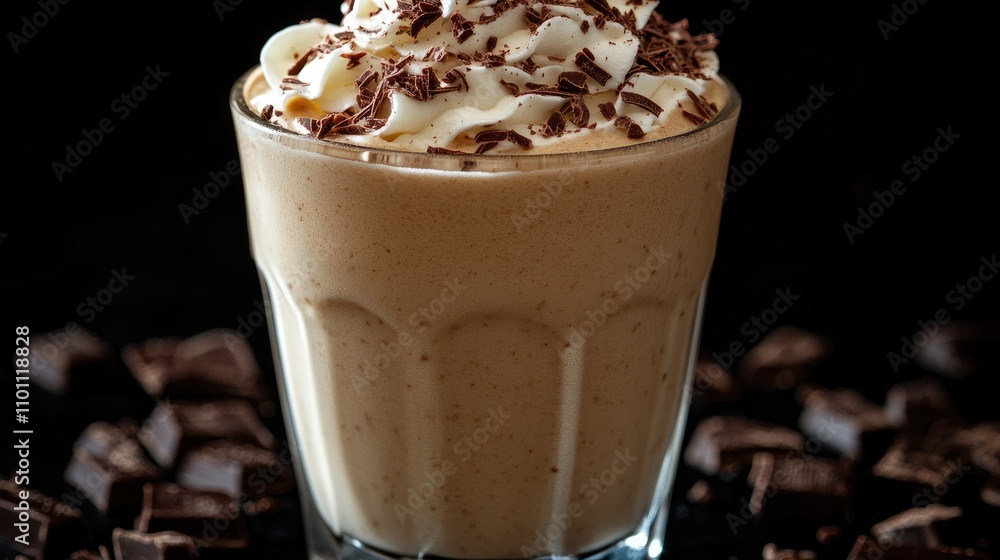 Poster decadent milkshake topped with whipped cream and chocolate shavings served in a glass with a straw o