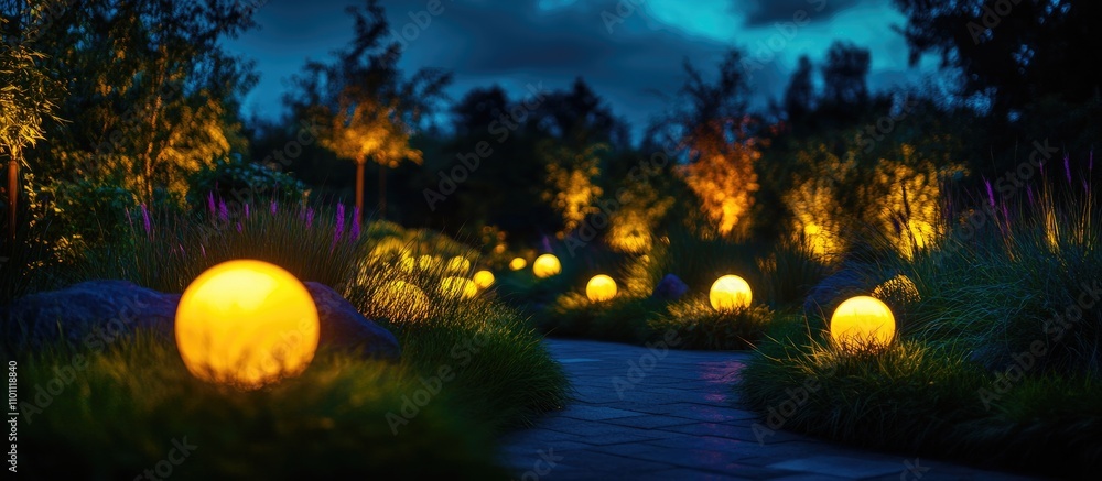 Poster illuminated garden path featuring spherical lights amidst lush greenery under a twilight sky creatin