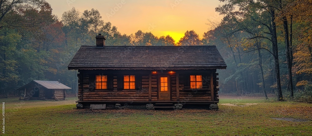 Poster rustic log cabin surrounded by trees at sunset creating a serene campsite atmosphere