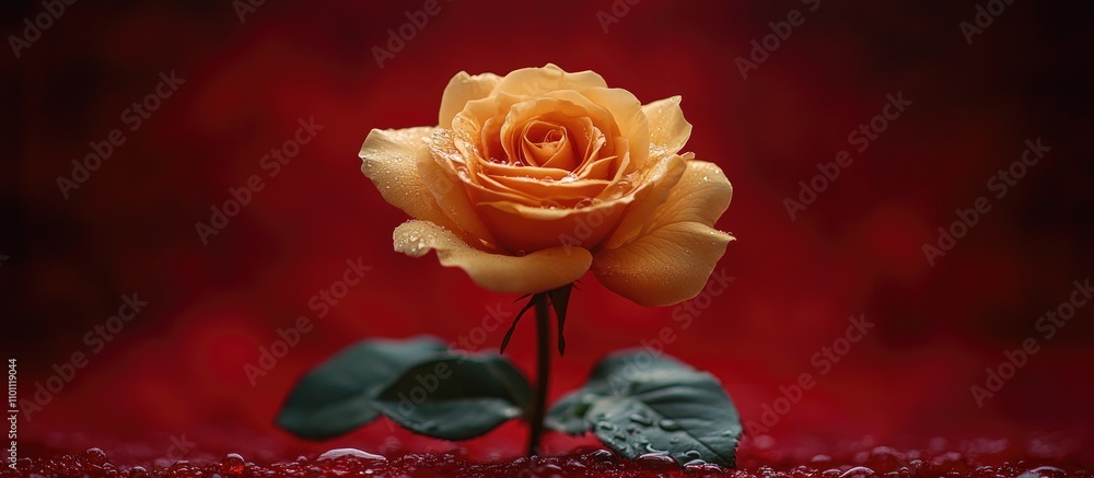 Poster elegant yellow rose on a red background with water droplets creating a romantic and vibrant atmosphe