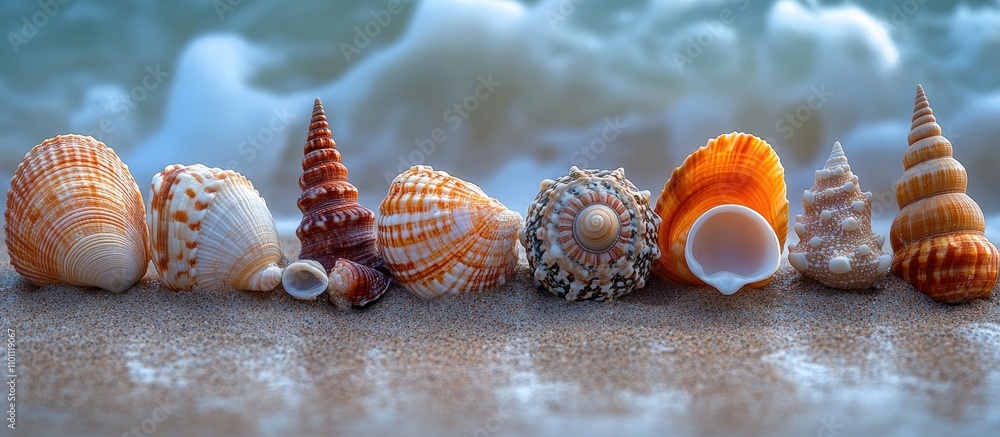 Aufkleber assortment of colorful seashells displayed on sandy beach against ocean waves in soft focus backgrou