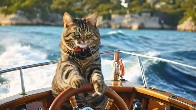 Cat Steering a Boat