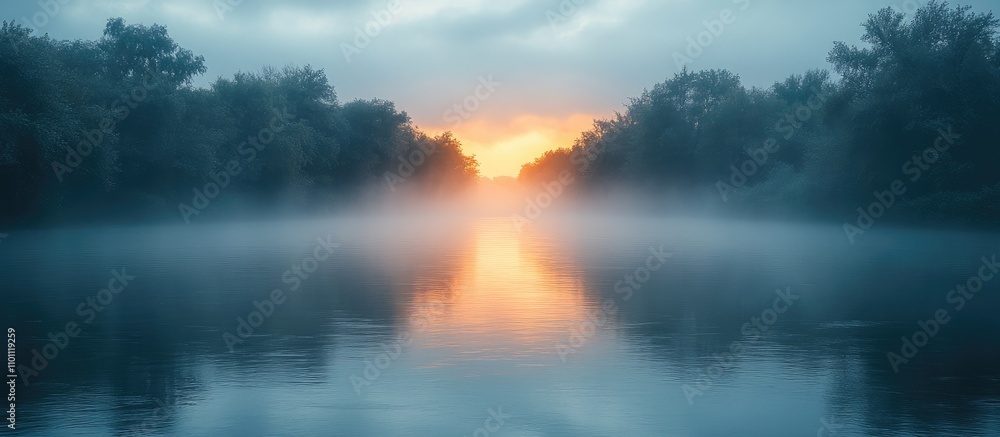 Poster misty river landscape at sunrise with fog enveloping the water and trees creating a serene and atmos