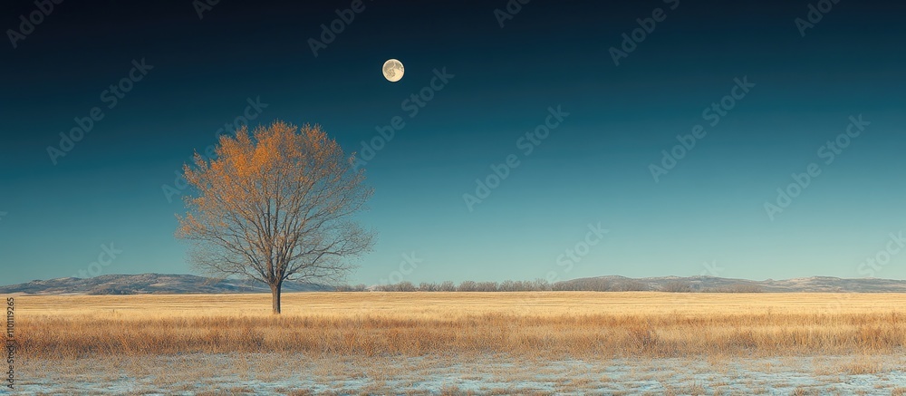 Aufkleber Serene landscape featuring a solitary tree under a full moon with clear skies and golden fields creating a tranquil evening atmosphere.