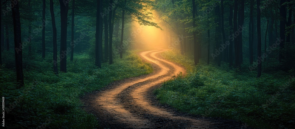 Poster Serene winding forest path illuminated by golden sunlight creating a tranquil and enchanting atmosphere in nature.