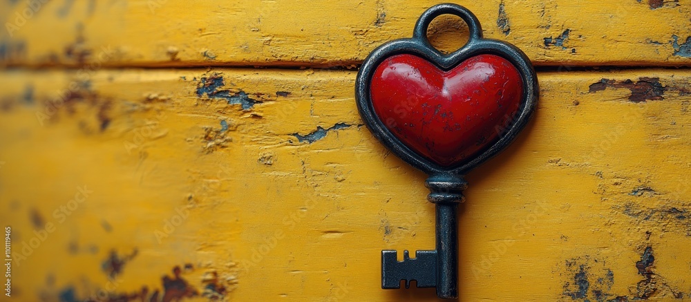 Poster valentine's day card design with red heart key on yellow backdrop symbolizing love and the metaphori