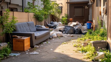 An overgrown alleyway filled with trash bags, debris, and an abandoned sofa, showing signs of neglect and lack of maintenance