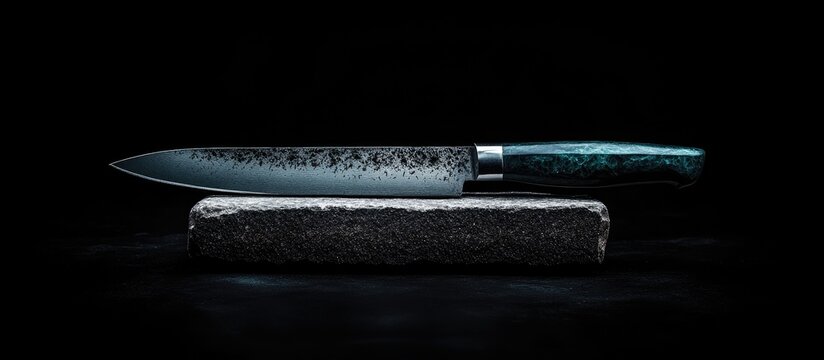 Culinary knife and sharpening stone showcased against a sleek black background highlighting the importance of kitchen tool maintenance