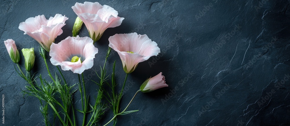 Poster eustoma lisianthus flowers in soft pink hues arranged on a dark backdrop with ample negative space f