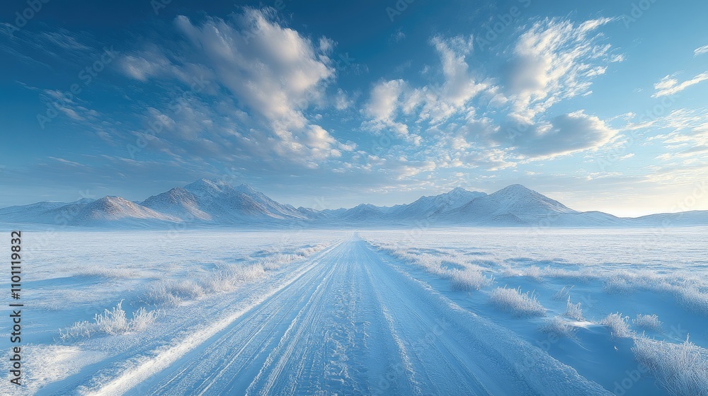 Poster aerial view of a serene snowy landscape under a tranquil sky with soft clouds and distant mountains 