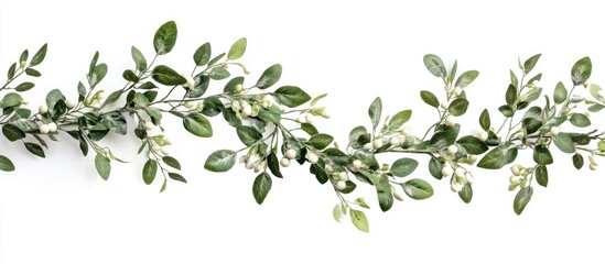 Fototapeta premium Elegant mistletoe garland with lush green leaves and white berries on a minimalistic white background for festive decor themes