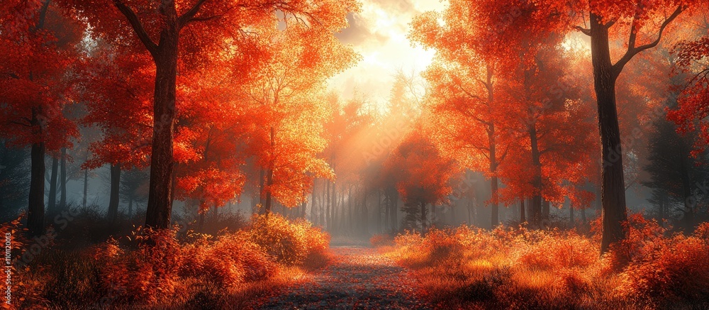 Poster autumn forest path illuminated by morning light with vibrant orange and red foliage creating a seren