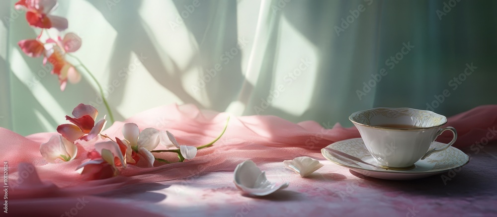 Poster Elegant tea set with delicate artificial flowers and soft light creating a serene and inviting atmosphere for relaxation and enjoyment.